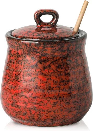 Vista 8 de HASENSE Olla de cerámica para miel con tapa, frasco de miel de 12 onzas con cucharón de madera, juego de palito y frasco para miel, lindo recipiente