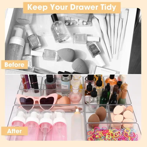 Vista 3 de Teenyyou - Organizador de cajones apilables de 4 tamaños, bandejas de acrílico para almacenamiento de cosméticos, joyas, suministros de oficina