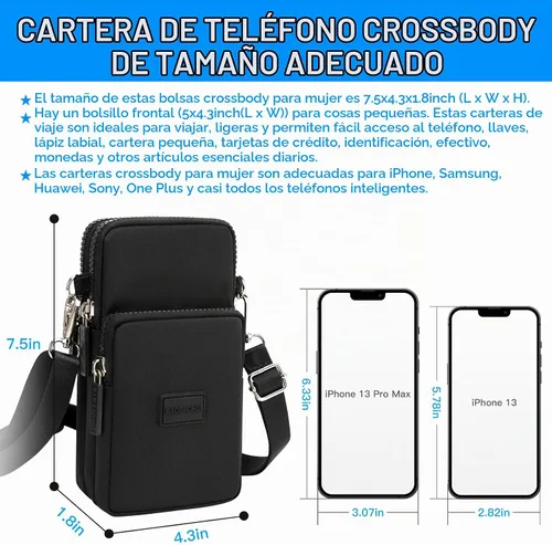 Vista 5 de YINHEXI Bolsos cruzados pequeños para mujer, a la moda, mini compartimento triple para teléfono celular, monederos cruzados Negro