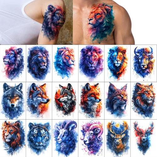 Vista 9 de GLARYYEARS - Tatuajes temporales para hombre, diseños realistas de animales en 3D 24 large waterproof fake tattoos. Painless 15-sec application