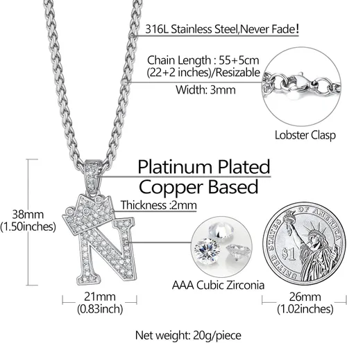 Vista 5 de Richsteel A-Z - Collar con inicial de corona para hombres y mujeres, chapado en oro de 18 quilates, circonita cúbica brillante, colgante