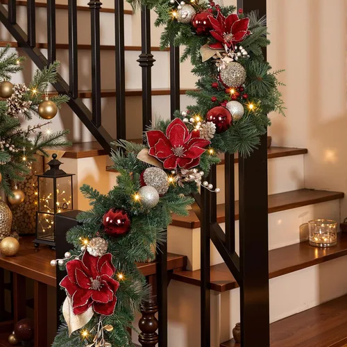 Vista 5 de SHareconn Guirnalda de Navidad preiluminada de 8.9 pies con luces LED multicolor, temporizador que funciona con pilas, incluye bola de flor