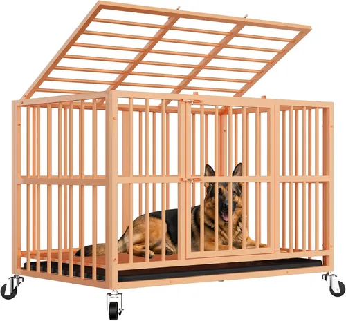 Vista 9 de Jaula para perros de acero resistente de 42 pulgadas a prueba de escape, jaula de doble puerta interior para alta ansiedad, bandeja extraíble