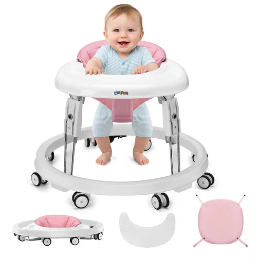 Vista 11 de Andador de bebé con ruedas, andador plegable de un solo toque con ajuste de altura, plato grande y freno, andador para bebés niños y niñas de 6 a 18