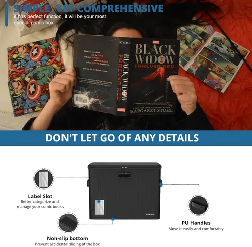 Vista 4 de Almacenamiento de cómics, caja apilable ignífuga y resistente al agua con bolsillo de malla con cremallera y ventana de etiquetas para 300-350 cómics