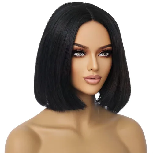 Vista 5 de Pelucas de cabello negro corto y lacio negro para mujer, peluca de cosplay con parte lateral, resistente al calor, pelucas sintéticas de aspecto