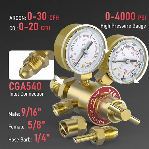 Vista 2 de YESWELDER Regulador de CO2 de argón con manguera de 8.2 pies 0-4000 PSI Medidores Regulador de soldadura de gas para MIG y TIG, conexión de entrada