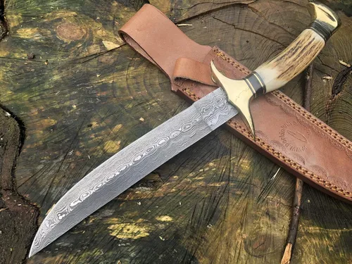 Vista 2 de Perkin Cuchillo de caza hecho a mano de acero Damasco - Cuchillo de caza Beautifu con funda