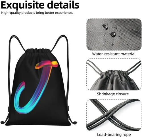 Vista 5 de Bolsas con cordón inicial con cordón para deportes, gimnasio, viajes, natación, playa, campamento, arco iris, letra J