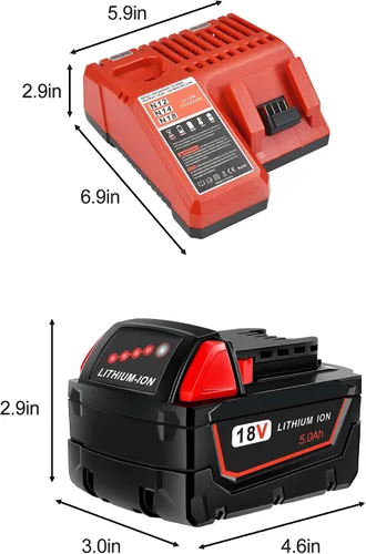 Vista 9 de Worthmah Paquete de 2 baterías de 5.0Ah 18V y cargador de repuesto para batería Milwaukee M18 48-11-1850, compatible con cargador de batería m18