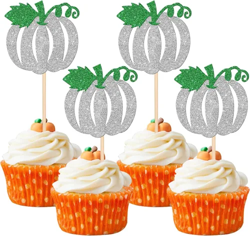 Vista 15 de 24 piezas de decoración de calabaza para cupcakes con purpurina temática de otoño, decoración de pasteles con temática de calabaza, cumpleaños