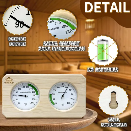 Vista 5 de Termómetro e higrómetro de sauna 2 en 1, termómetro de sauna ajustable de pino, termómetro de sauna de calibre Fahrenheit para sala de sauna