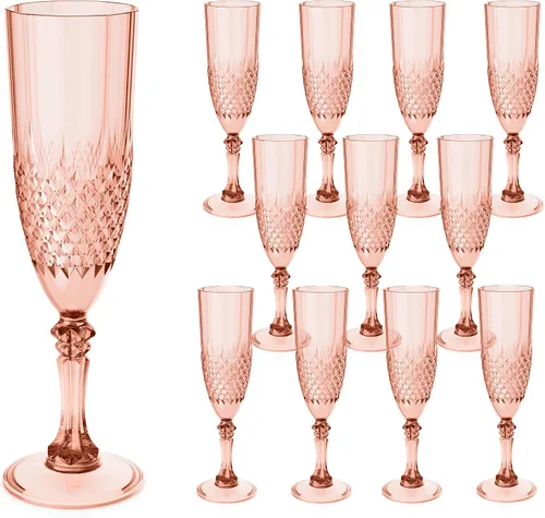 Vista 11 de Copas de champán de plástico, copas de champán a granel, copas de vino acrílicas reutilizables irrompibles para bodas, despedidas de soltero, Ámbar