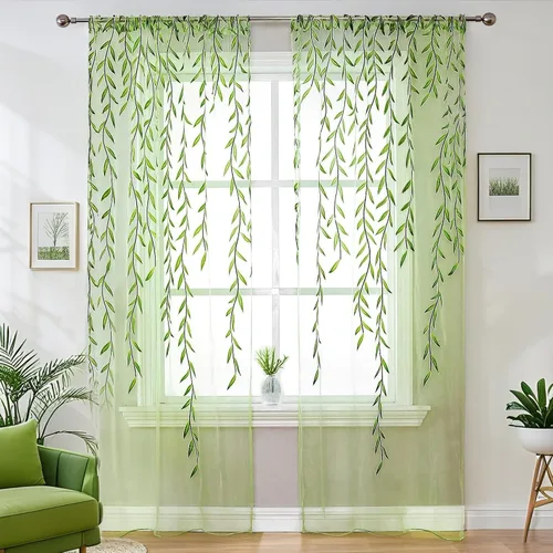 Vista 2 de BROSHAN Cortinas transparentes con diseño de bolsillo para ventana, bonito panel de cortina de vid con estampado de hojas, paneles de cortina