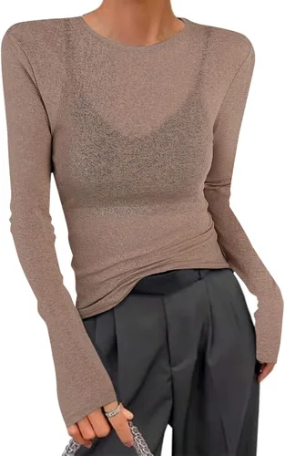 Vista 9 de Avanova Camiseta de manga larga de malla transparente para mujer Negro (Sparkle Black)