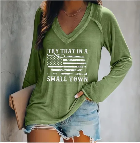 Vista 2 de Camiseta de manga larga con cuello en V y manga larga con cuello en V, estilo retro y casual, diseño de música country