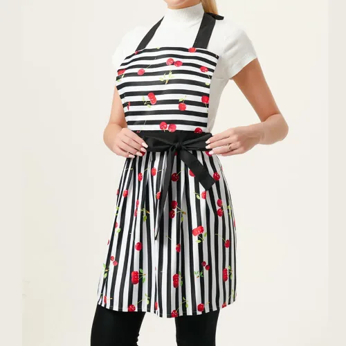 Vista 6 de Encantador y cómodo Claccic Negro Rayas y Moda Cereza Falda Delantal Mujer Cocina Mujer Delantal para damas Niñas Esposa Hija (negro), Negro