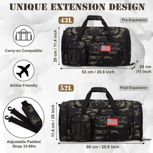 Vista 4 de Bolsa de lona táctica para viajes, expandible de 52 litros, bolsa de lona grande para hombre, bolsa de lona para gimnasio con bolsillo húmedo