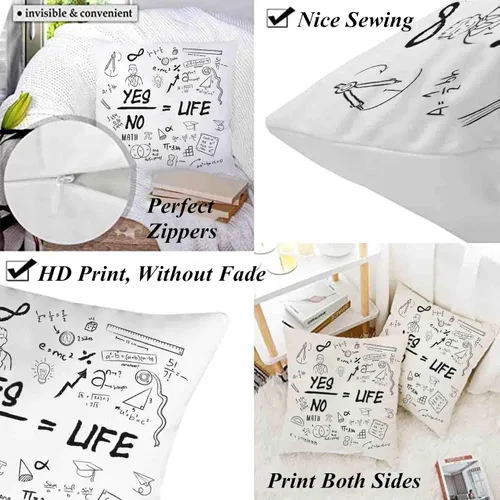 Vista 3 de Fundas de almohada de matemáticas en blanco y negro de 16 x 16 pulgadas, fundas de almohada blancas escritas a mano con texto matemático