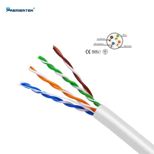 Vista 2 de Premiertek 1000 pies Cat5e 24AWG CCA UTP sólido 4 pares de cable LAN Ethernet de red a granel blanco (CAT5E-1KFT-W)