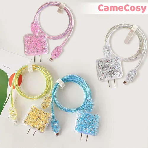 Vista 7 de CameCosy Protector de cable de lujo compatible con cargador de iPhone, diseño de borde ondulado con purpurina, funda USB de línea de datos, Azul
