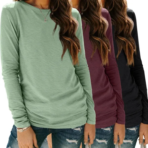 Vista 29 de SUNBS Paquete de 3 camisas de manga larga para mujer, ajuste holgado, ropa de otoño, ropa de moda 2025, camisetas básicas de entrenamiento, trajes