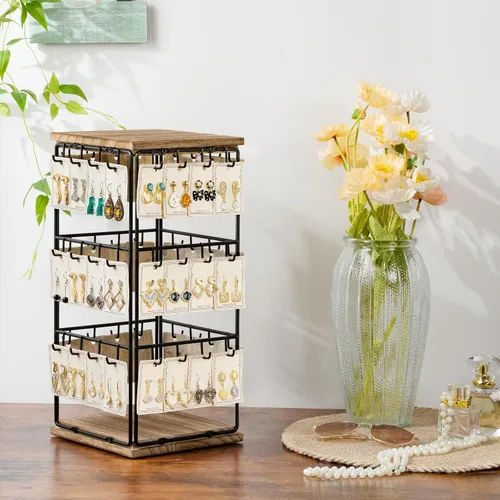 Vista 6 de Yoimori - Organizador de aretes con base de madera, 48 ganchos para mujeres y niñas, organizador de joyas para mostrar anillos, aretes, aretes