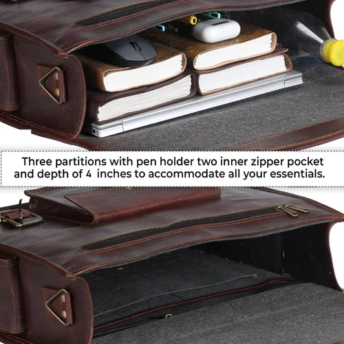 Vista 5 de Bolso de mensajero de cuero de grano completo para hombres Bolsa de cuero para computadora portátil para hombres, maletín de cuero genuino bolsa