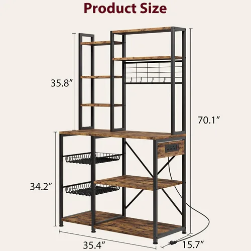 Vista 2 de IDEALHOUSE Estante para panaderos con toma de corriente, soporte para microondas con 2 cajones de alambre, estación de barra de café industrial
