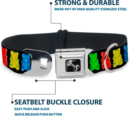 Vista 4 de Buckle-Down Collar de perro con hebilla de cinturón de seguridad, osos gomitas, negro/multicolor, 1.5 pulgadas de ancho, se adapta a cuello de 13-18