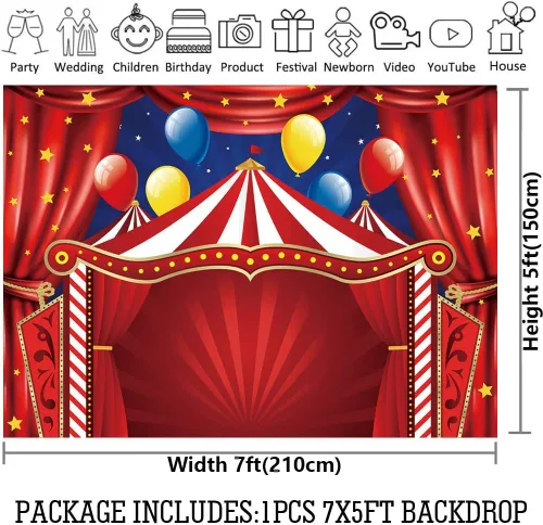 Vista 4 de Qian Cortina de telón de fondo de carnaval de circo rojo con estrellas, fondo de fotos de 7 x 5 pies, suministros para baby shower de recién