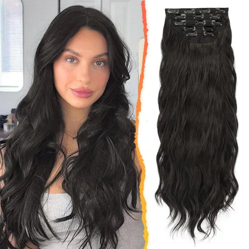 Vista 41 de BARSDAR Extensiones de cabello ondulado con clip negro marrón - 14 pulgadas, extensiones de cabello corto ondulado con clip para mujer - 5 piezas