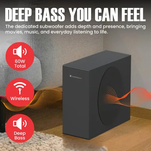 Vista 3 de Audiosource - Barra de sonido 2.1, subwoofer inalámbrico con Dolby Atmos, 120 W RMS y salida máxima de 240 W, diseño compacto, transmisión Bluetooth