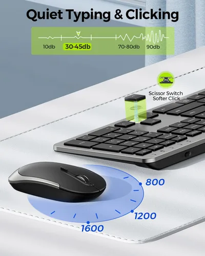 Vista 2 de Combo de teclado y mouse inalámbricos, tamaño completo, delgado, inalámbrico, con teclado numérico, conexión estable de 2.4 G, DPI ajustable
