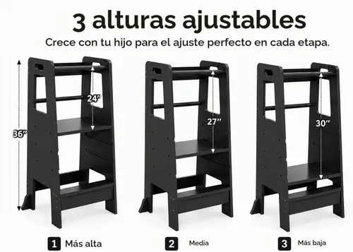 Vista 6 de Taburete de cocina para niños pequeños, ayudante de pie de madera ajustable de 3 niveles con barandilla, taburete de cocina para niños para cocinar