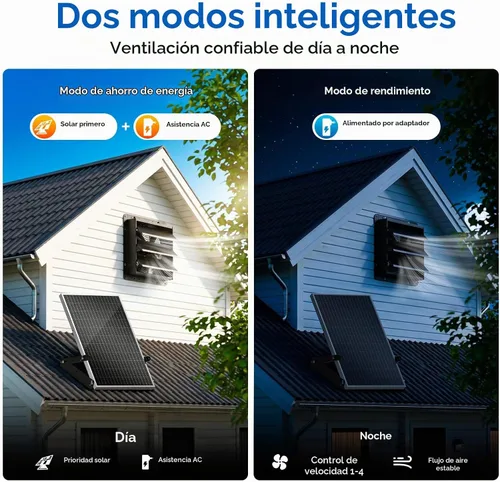 Vista 3 de Hon&Guan Ventilador de escape solar de 10 pulgadas con adaptador de CA, 647 CFM, panel de 30 W, termostato y control de 4 velocidades
