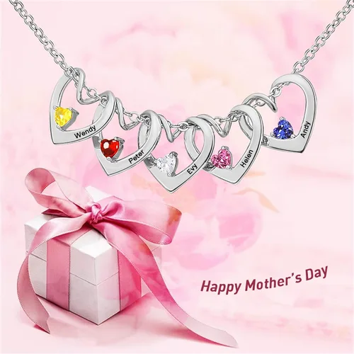 Vista 5 de MissNaNa Collar personalizado para mamá con 1-6 piedras natales y nombres grabados, collar familiar personalizado con nombre de corazón para el día