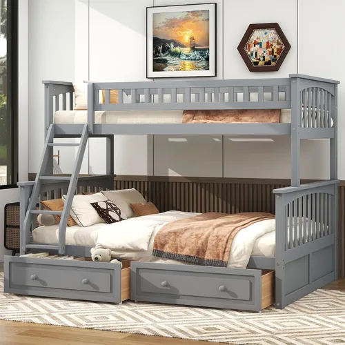 Vista 10 de Harper & Bright Designs Litera convertible de madera individual sobre cama matrimonial con 2 cajones de almacenamiento y escalera, se puede dividir