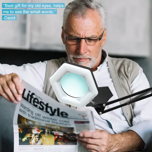 Vista 5 de Lupa con luz y soporte, lámpara de escritorio con lupa LED regulable con abrazadera, 3 modos de color, luces de aumento manos libres para trabajo