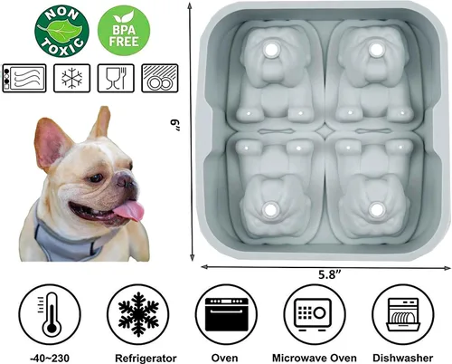 Vista 2 de Moldes para cubitos de hielo con forma de perro Bulldog de 4 cavidades, de silicona reutilizable con embudo para whisky, cócteles, regalos