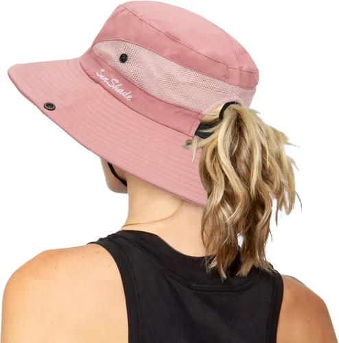 Vista 32 de Sombrero de pesca de playa de ala ancha para mujer, con protección UV, plegable, con agujero para cola de caballo
