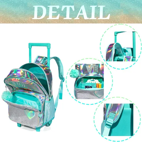 Vista 17 de Mochila con ruedas para niñas, mochila escolar con ruedas, bolsa escolar con bolsa de almuerzo y bolsa para lápices, mochila con ruedas para niños