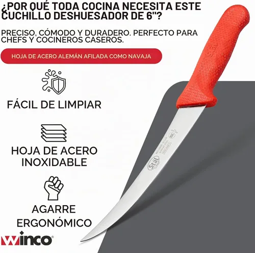 Vista 3 de Winco Cuchillo de deshuesado de acero alemán de grado comercial de 6 pulgadas, curvado, rojo