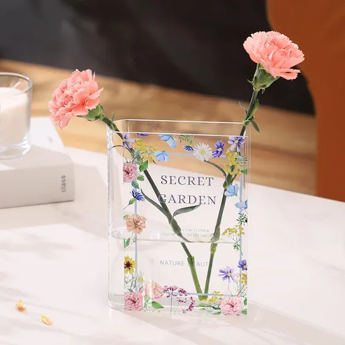 Vista 11 de Florero acrílico con forma de libro para flores, florero de libro, pequeños jarrones transparentes para el hogar, sala de estar, estantería
