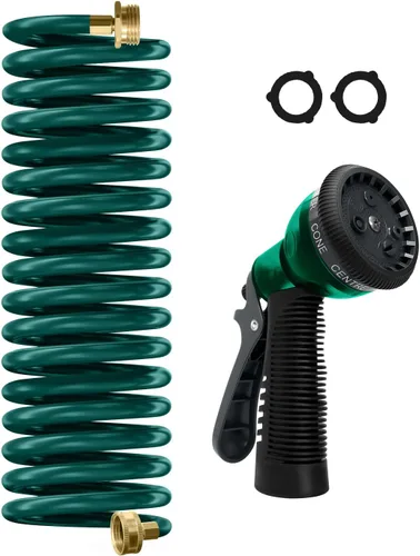 Vista 12 de Manguera de jardín de bobina de EVA de 25 pies con conector de latón de 3/4 pulgadas, manguera de agua en espiral, ligera y sin torceduras, incluye