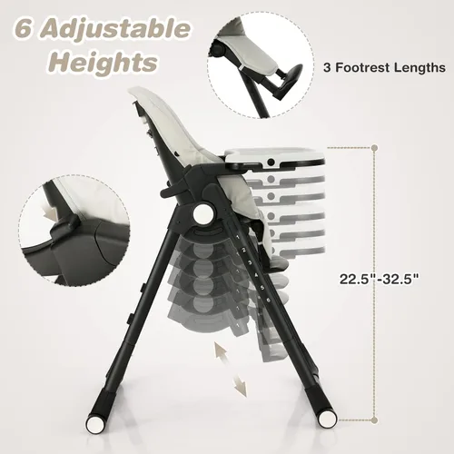 Vista 5 de BABY JOY Silla alta para bebés y niños pequeños, silla alta plegable con respaldo/reposapiés/altura del asiento, bandejas dobles extraíbles, cojín