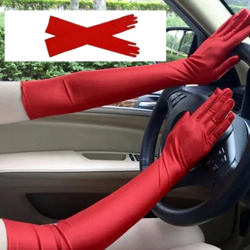 Vista 6 de Guantes de ópera rojos de los años 20, guantes largos de satén hasta el codo, guantes elásticos de 21 pulgadas para fiesta de noche y baile nupcial