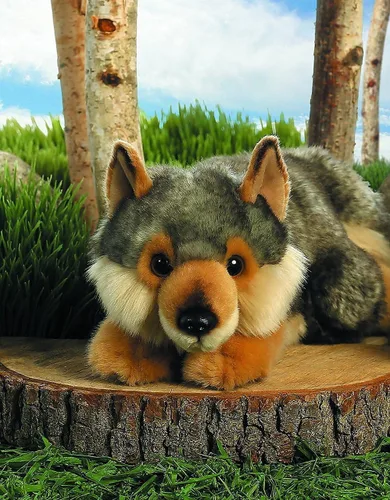 Vista 3 de Aurora® Adorable lobo echado de peluche Miyoni®, detalle realista, compañía entrañable, gris, 11 pulgadas