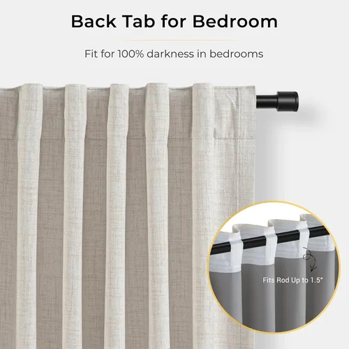 Vista 5 de INOVADAY - Cortinas 100% opacas para dormitorio y sala de estar, con anillos de clip, bolsillo para barra, juego de 2 paneles, de lino, con Beige