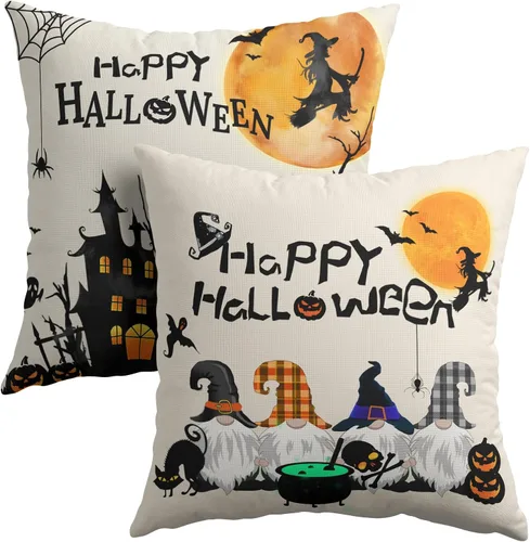 Vista 9 de Happy Halloween - Juego de 2 fundas de almohada decorativas de lino y algodón negro con diseño de murciélago blanco de 16 x 16 pulgadas, fundas